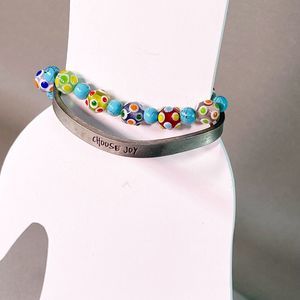 Multicolored Lamp Work Beaded Bracelet 6” And Choose Joy Metal Bracelet Adjustab